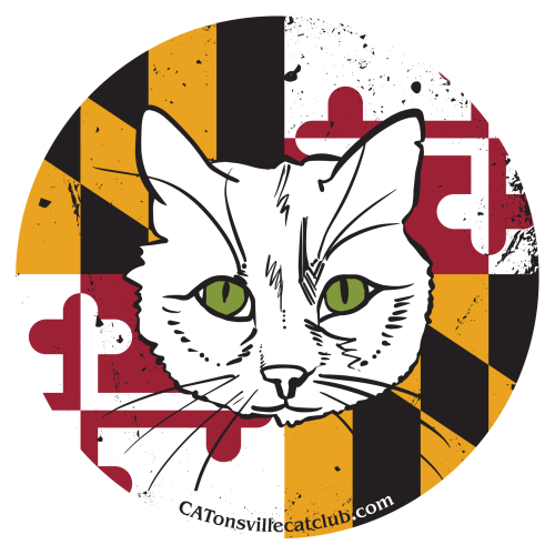 Outline drawing of a white cat with green eyes on top of a distressed Maryland flag